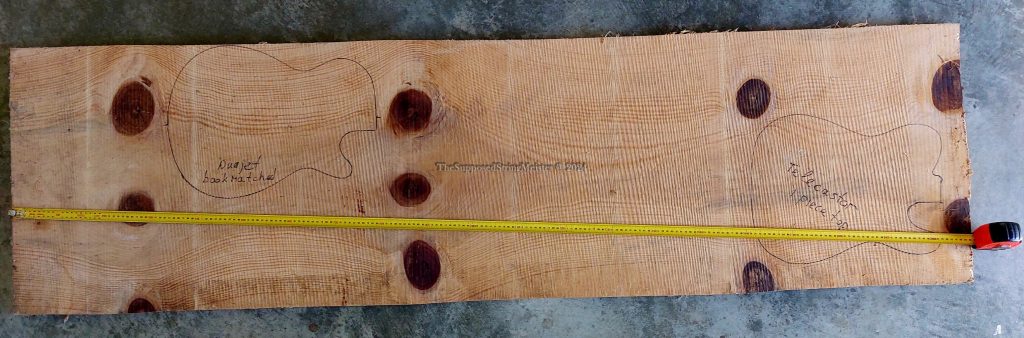 Norfolk Pine Slab with guitar outlines: Telecaster and Duojet